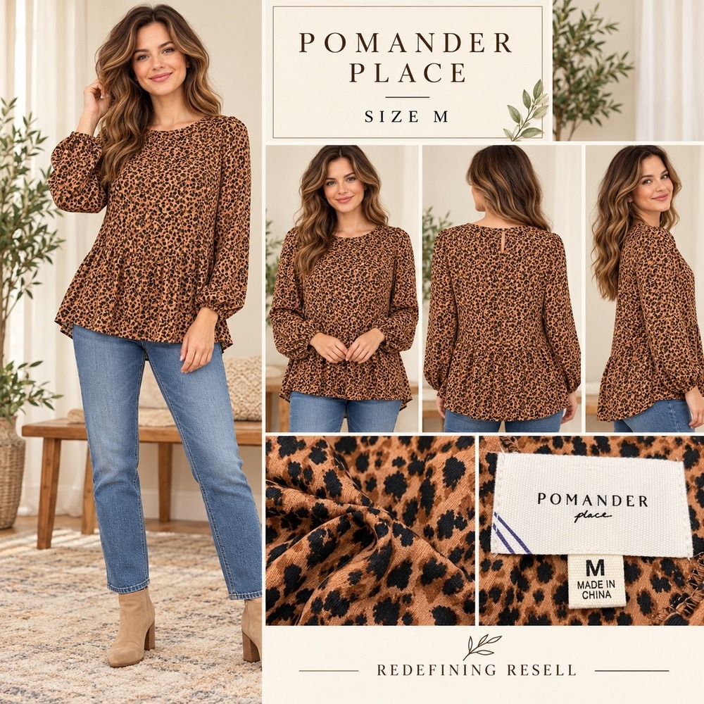 Pomander Place Leopard Print Peplum Blouse Brown Black Puff Sleeve Medium